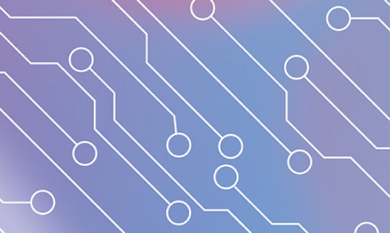An abstract circuit board overlaid on a pink and blue gradient background.