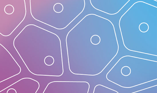 Abstract mammal cells overlaid on a pink and blue gradient background.